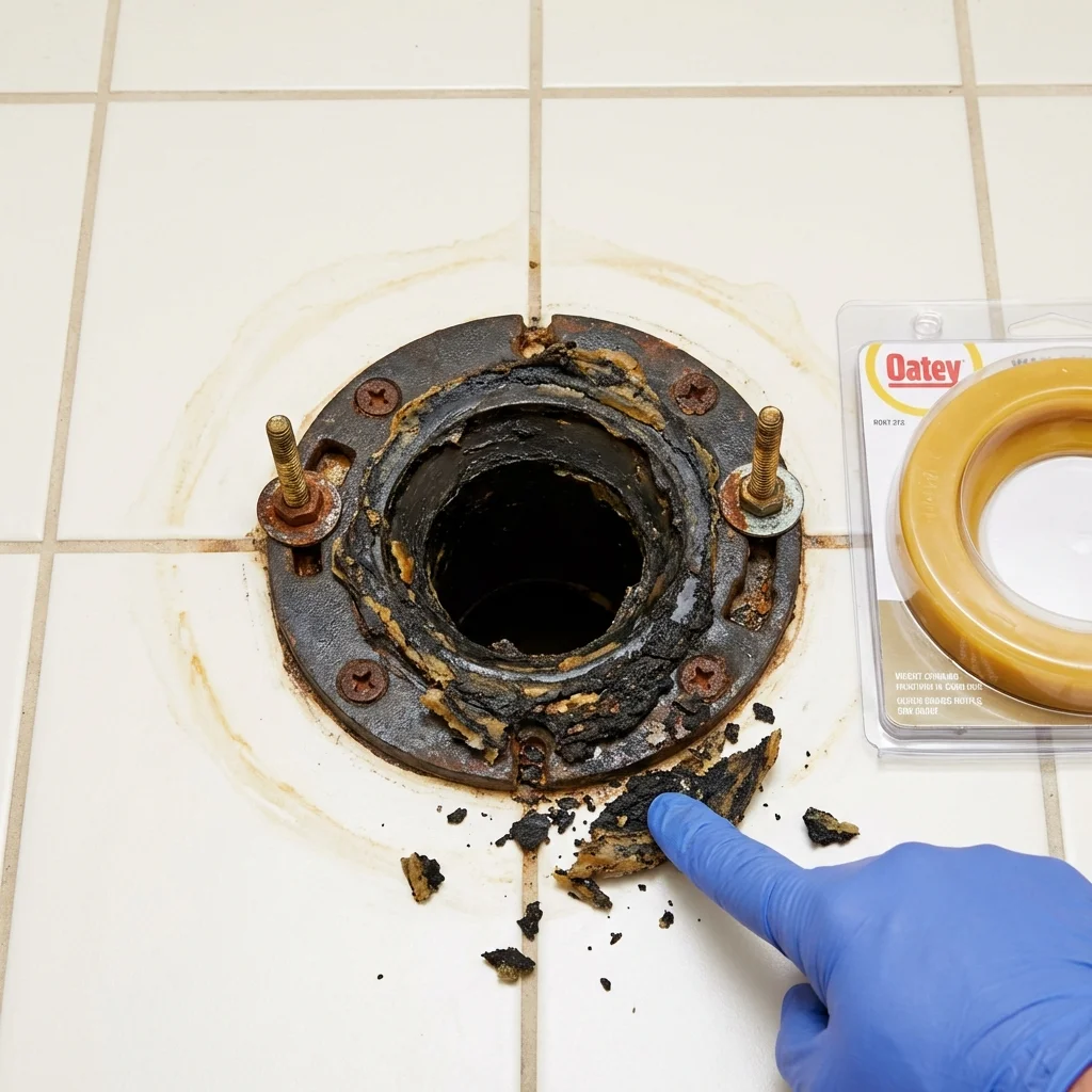 Failed wax ring showing water seepage at the base of a toilet in a Anderson, MO home